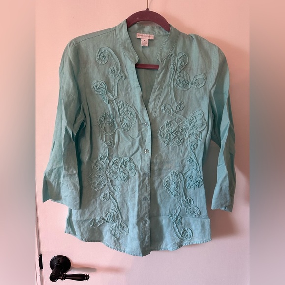 Breezy turquoise Blue Woman’s Linen embroidered Costal Blouse Size 4 #1835 - Picture 1 of 8
